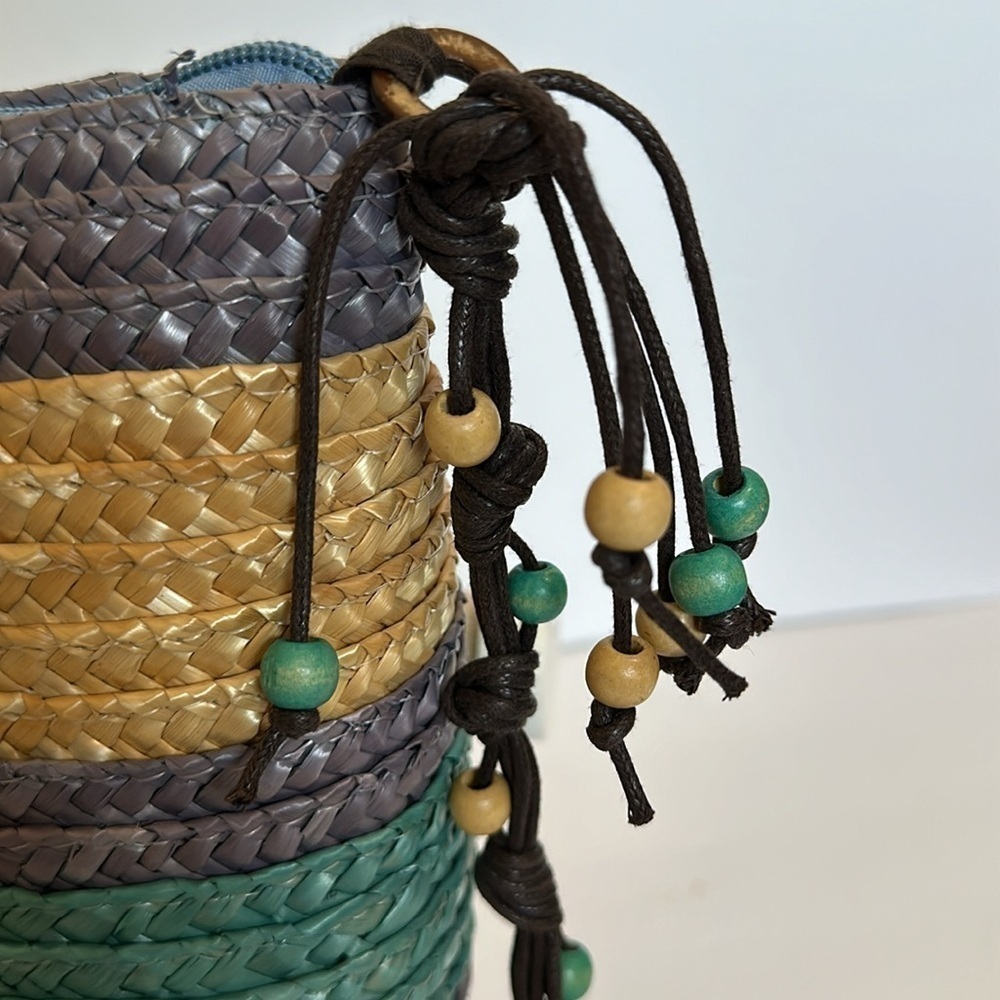 Beaded straw handbag with colorful accents. Purple and blue nouveau crossbody - Picture 2 of 13